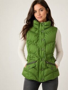 Esprit Green Puffer Vest Gorpcore Outdoorsy Quilted Cinched Waist Casual Size 12
